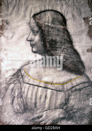 Bildende Kunst, Leonardo da Vinci (1452 - 1519), Zeichnung, portrait Studie für ein Gemälde von Isabella d'Este (1474-1539), Carta Tinta, Papier, mit weißer Kreide erhöhte und leicht farbig, 63 x 46 cm, 1499/1500, Musée du Louvre, Paris, Artist's Urheberrecht nicht gelöscht werden Stockfoto