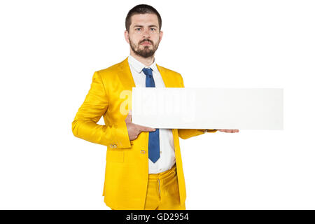 junge Unternehmer hält in seinen Händen einen Platz für Ihre Werbung Stockfoto