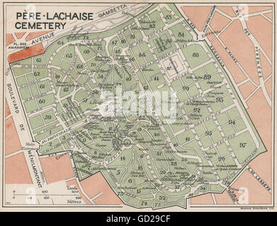 CIMETIÈRE DU PÈRE-LACHAISE. Vintage Karte Plan. Père-Lachaise Friedhof. Paris 1927 Stockfoto