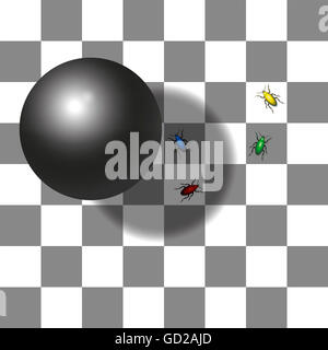 Optische Schatten Illusion - die beiden Quadrate mit der roten und der grünen Käfer sind den gleichen Farbton Grau - glauben. Stockfoto