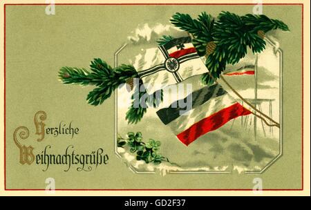 Deutschland, Weihnachtskarte mit der Flagge der Kriegsschiffe (oben) und der Flagge der Handelsmarine, mit dem Text : wärmste Weihnachtsgrüße, aus der Zeit des Ersten Weltkrieges, gesendet 22.12.1916. Deutschland, das Deutsche Reich, der erste Weltkrieg, Postkarte, Kriegspropaganda, 1910., historisch, historisch, 1910., 20. Jahrhundert, Zusatzrechte-Clearences-nicht vorhanden Stockfoto