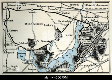 Sport, Olympische Spiele, Berlin 1.- 16.8.1936, Radsport, Strecke des 100 km langen Straßenrennens, Karte, 1936, Sommerspiele, XI. Olympiade, Deutschland, 1930er, 20. Jahrhundert, historisch, historisch, Zusatzrechte-Clearences-nicht verfügbar Stockfoto