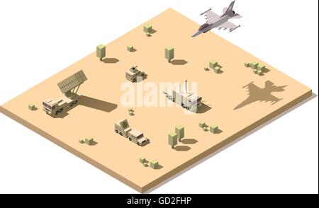 Isometrische low-Poly Infografik Vektorelement Vertretung militärische Boden-Luft-Raketenabwehrsystem auf die Wüste und Düsenjäger Flugzeuge fliegen Stock Vektor
