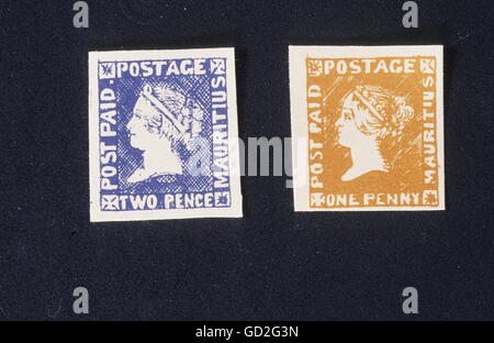 Post, Briefmarken, Großbritannien, Mauritius Blue Two Pence ('Blaue Mauritius'), Orange-Red One Penny ('Red Mauritius'), 1847, Nachdruck, Zusatzrechte-Clearences-nicht vorhanden Stockfoto