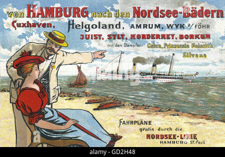 Werbung, Tourismus, von Hamburg bis zur Nordsee-Therme Cuxhaven, Helgoland, Amrum, Wyk a Föhr, Juist, Sylt, Norderney, Borkum mit dem Dampfschiff Cobra, Prinzessin Heinrich, Silvana, Nordsee-Liniendampfer m. B. H., Ehepaar am Strand, Lithographie, Deutschland, 1899, Additional-Rights-Clearences-not available Stockfoto