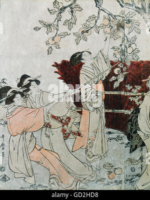 Bildende Kunst, Utamaro, Kitagawa (1753-1806), Grafik, "Ernte der Japanischen persimmon", Triptychon, Detail, Ende des 18. Jahrhunderts, Farbholzschnitt, H. S. seine Sammlung, Basel, Artist's Urheberrecht nicht gelöscht werden Stockfoto