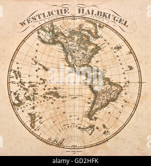 Kartographie, Weltkarte, westliche Hemisphäre, aus 'Hand-Atlas über alle Theile der Erde und ueber das Weltgebäude', Verlag Justus Perthes, Gotha, Stieler's portabler Atlas, Deutschland, 1860, Additional-Rights-Clearences-not available Stockfoto