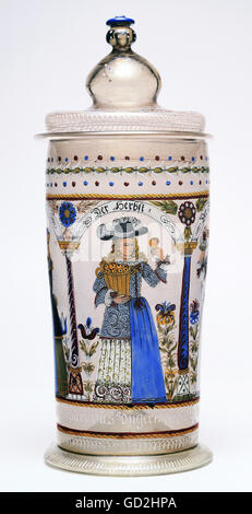 Bildende Kunst, Malerei, Deckel Tankard, Jahreszeit, Herbst, junge Frau mit Obstkorb, Sachsen, 1691, Artist's Urheberrecht nicht geklärt zu werden. Stockfoto