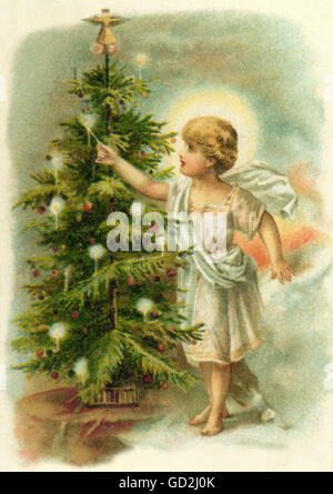 Weihnachten, das Jesuskind zündet Kerzen auf dem Weihnachtsbaum an, Schrottbild, Deutschland, 1898, zusätzliche-Rechte-Clearenzen-nicht verfügbar Stockfoto