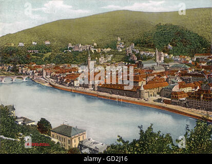 Geographie / Reisen, Deutschland, Heidelberg, Altstadt, photochromatische Fotografie, sehr frühe Farbaufnahme, mehrfarbige Asphaltfotolithographie, Neckar, um 1900, Zusatzrechte-Clearences-nicht vorhanden Stockfoto