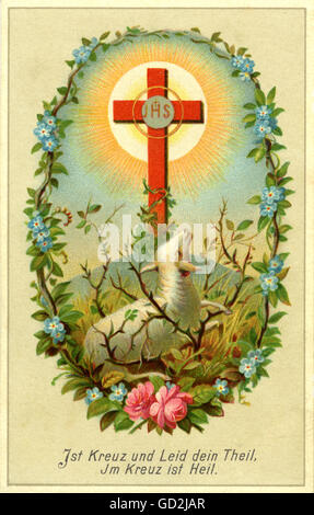 Feste, Ostern, Gebetsanmerkung 'ist Kreuz und Leib dein Theil im Kreuz ist Heil', Agnus Dei, Deutschland, 1884, Additional-Rights-Clearences-not available Stockfoto