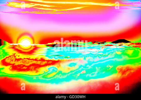 Die untergehende Sonne beleuchtet eine märchenhafte Landschaft über große Giebel aus roten Geröllhalden im Lake District Stockfoto