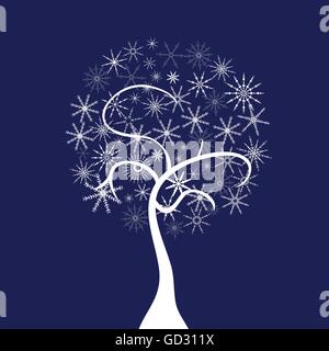 weißen Baum Abbildung mit Schneeflocke auf blauem Hintergrund Stock Vektor