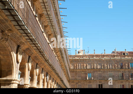 Detail der Fassaden, Hauptplatz. Salamanca, Kastilien-León, Spanien. Stockfoto