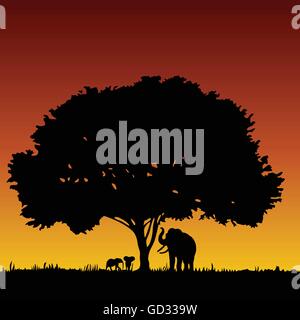 Elefanten-Familie und Baum Kunst-Vektor-silhouette Stock Vektor