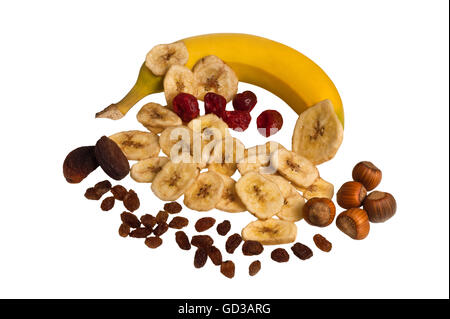 Getrocknete Früchte-Mischung isoliert auf weiss Stockfoto