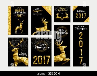 Satz von Frohe Weihnachten Frohes neues Jahr 2017 Vorlage Gold-designs mit Hirsch und Feier Elemente. Ideal für Weihnachtskarten Stock Vektor