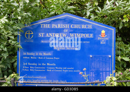 Melden Sie sich für die Pfarrkirche St. Andreas, Wimpole, England. Stockfoto