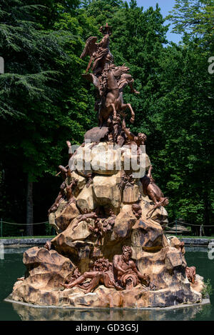 La Fama Brunnen. Royal Palast La Granja von San Ildefonso, Segovia Provinz Kastilien und Leon, Spanien. Stockfoto