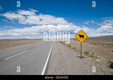 Verkehr Verkehrszeichen auf der Ruta Nacional 40, Vorsicht, Weidetiere, Santa Cruz, Patagonien, Argentinien Stockfoto