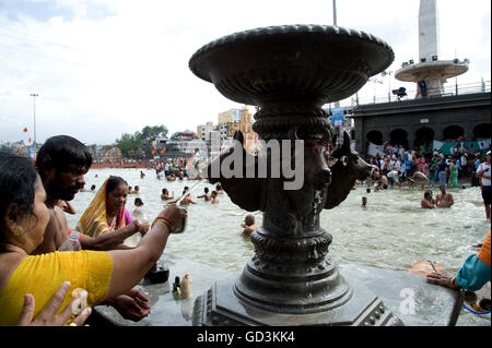 Anhänger, Baden im Fluss, Nasik, Maharashtra, Indien, Asien Stockfoto