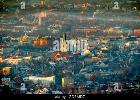 Luftaufnahme, St. Pauls Kirche, Innenstadt bei Sonnenaufgang, Sonnenaufgang über Hamm, häusliche Heizung, Kamine, Hamm, Ruhrgebiet, Norden Stockfoto