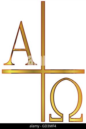 Die Alpha-Omega-Buchstaben aus dem griechischen Alphabet in gold Stock Vektor