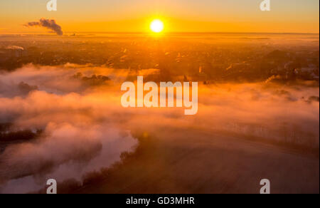 Luftbild, Morgennebel über Lippe, Auen, Sonnenaufgang über Hamm, Hamm, Ruhr Region, Europa, Luftaufnahme, Vögel-Augen sehen Stockfoto