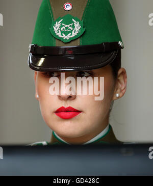 Santiago de Chile, Chile. 12. Juli 2016. Ein Soldat der chilenischen Armee warten auf die Ankunft des deutschen Bundespräsidenten Joachim Gauck in Santiago de Chile, Chile, 12. Juli 2016. Das deutsche Staatsoberhaupt besucht Chile und Uruguay während einer siebentägigen Reise. Foto: WOLFGANG KUMM/Dpa/Alamy Live News Stockfoto