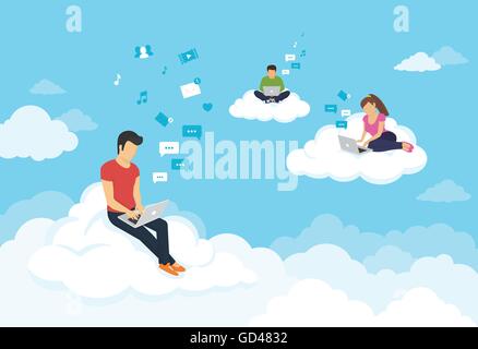 Menschen sitzen auf den Wolken im Himmel und mit Notebooks Stock Vektor