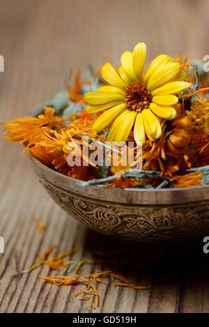 Getrocknete Ringelblumen Blueten in Schale Stockfoto