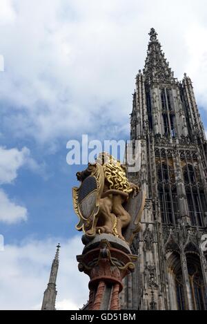 Loewenbrunnen Vor Ulmer Münster, Muensterplatz, Ulm, Baden-Württemberg, Deutschland, Europa, Münsterplatz, Löwenbrunnen Stockfoto