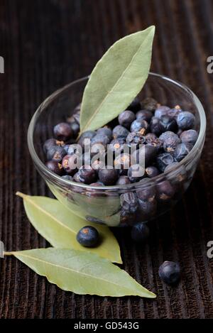 Getrocknete Wacholderbeeren in Messingkelle, Getrocknete Lorbeerblaetter / (Juniperus Communis), (Laurus Nobilis), Lorbeerblaetter, Lorbeerblaetter Stockfoto