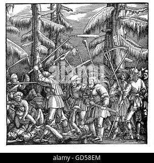 Landwirte und Bauern kämpfen gegen die schwäbischen Liga im deutschen Bauernkrieg (anscheinend ohne große Entschlossenheit). Holzschnitt von Hans Lützelburger nach einem Gemälde von Hans Holbein dem jüngeren (1497-1543) Stockfoto