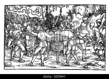 XVI. Jahrhundert, Schauplatz der deutschen Bauer Kriegs Sedictionists darstellt, mit dem Boot-Lager-Banner als Symbol für das auf- und Fortschritt der Bauern, etwa, einen Gefangenen Ritter zu töten. Stockfoto