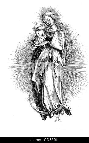 "Madonna mit Kind auf einem Halbmond Moon'(1498) von Albrecht Dürer (1471-1528), Maria und Jesus umgeben von himmlischen Schein. Die unverwechselbare Handschrift von Albrecht Dürer würde nicht Garantie für die Echtheit von selbst, aber der Stil nicht. Stockfoto