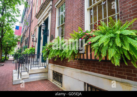 Attraktive Balkonkästen mit Farnen und Blumen entlang auf Backsteinhaus mit Betsy Ross Flag im historischen Viertel von Philadelphia Stockfoto