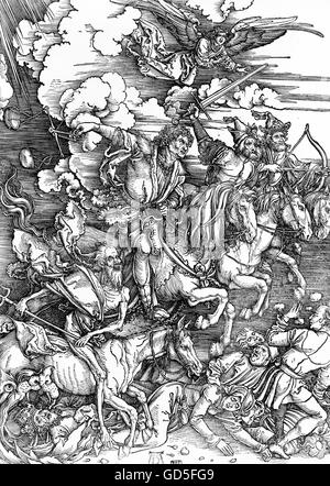 Vier Reiter der Apokalypse von Albrecht Dürer, 1511, Holzschnittdruck. Stockfoto
