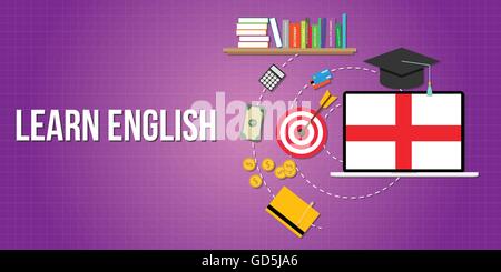 Lernen Sie englisches Konzept mit Wörterbuch Bücher, Notizen, Ziele, England Flagge, etc. Stock Vektor
