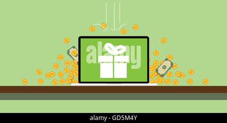 Bonus mit Geschenk-Box auf dem Bildschirm an den Laptop und Gold Münzen Geld fallen vom Himmel-Vektor-illustration Stock Vektor