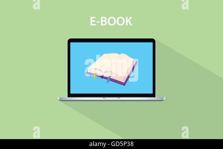 e-Book-Konzept mit Buch und Laptop Bildschirm Vektorgrafik öffnen Stock Vektor
