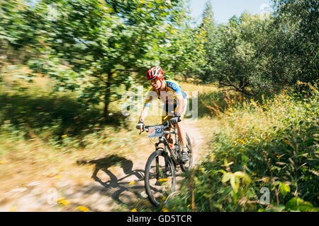 Gomel, Weißrussland - 9. August 2015: Mountain Bike Radsportler Track am sonnigen Tag, gesunde Lebensweise aktive Sportler Sport treiben. Stockfoto