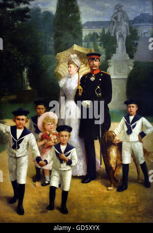 Die kaiserliche Familie in den Park von Sanssouci durch William Friedrich Georg Pape (1859 – 1920) 1891 Deutsch Deutschland (: die königliche Familie im Park Sanssouci: Wilhelm II., die Kaiserin und die ältesten Prinzen) Stockfoto