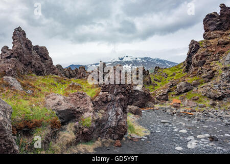 Lava Felsformationen in Djupalonssandur am Fuße des Snæfellsjokull-Vulkans in Island. Stockfoto