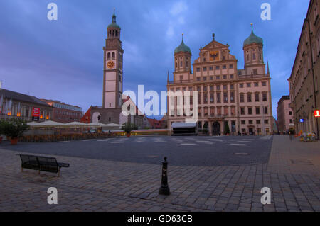 Augsburg, Rathausplatz, Rathaus Platz, Perlach-Turm, Rathaus, romantische Straße, Romantische Strasse, Schwaben, Bayern, Deutschland, Europa Stockfoto