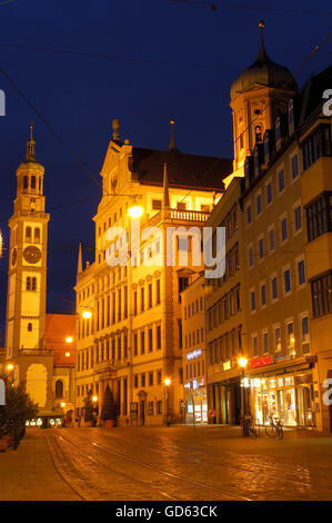 Augsburg, Maximilianstraße, Maximilianstraße, Perlach-Turm, Rathaus, romantische Straße, Romantische Strasse, Schwaben, Bayern, Deutschland, Europa Stockfoto