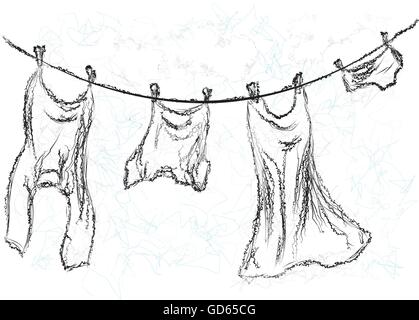 Wäscheleine. An einem Seil hängende Kleidung Stock Vektor