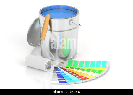 Farbe kann, Palette und Walze Pinsel. 3D-Rendering isoliert auf weißem Hintergrund Stockfoto