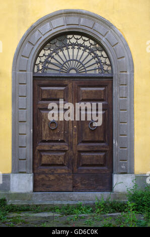 Alte Holztür mit Scharnieren und Klopfer Schmiedeeisen Handwerk Stockfoto