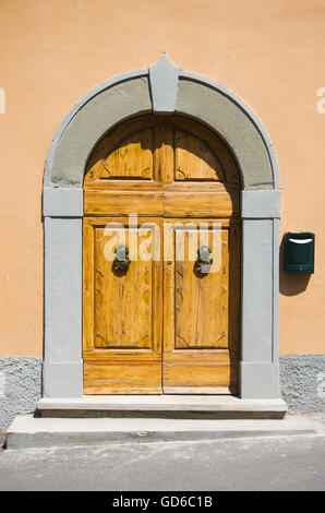 Alte Holztür mit Scharnieren und Klopfer Schmiedeeisen Handwerk Stockfoto